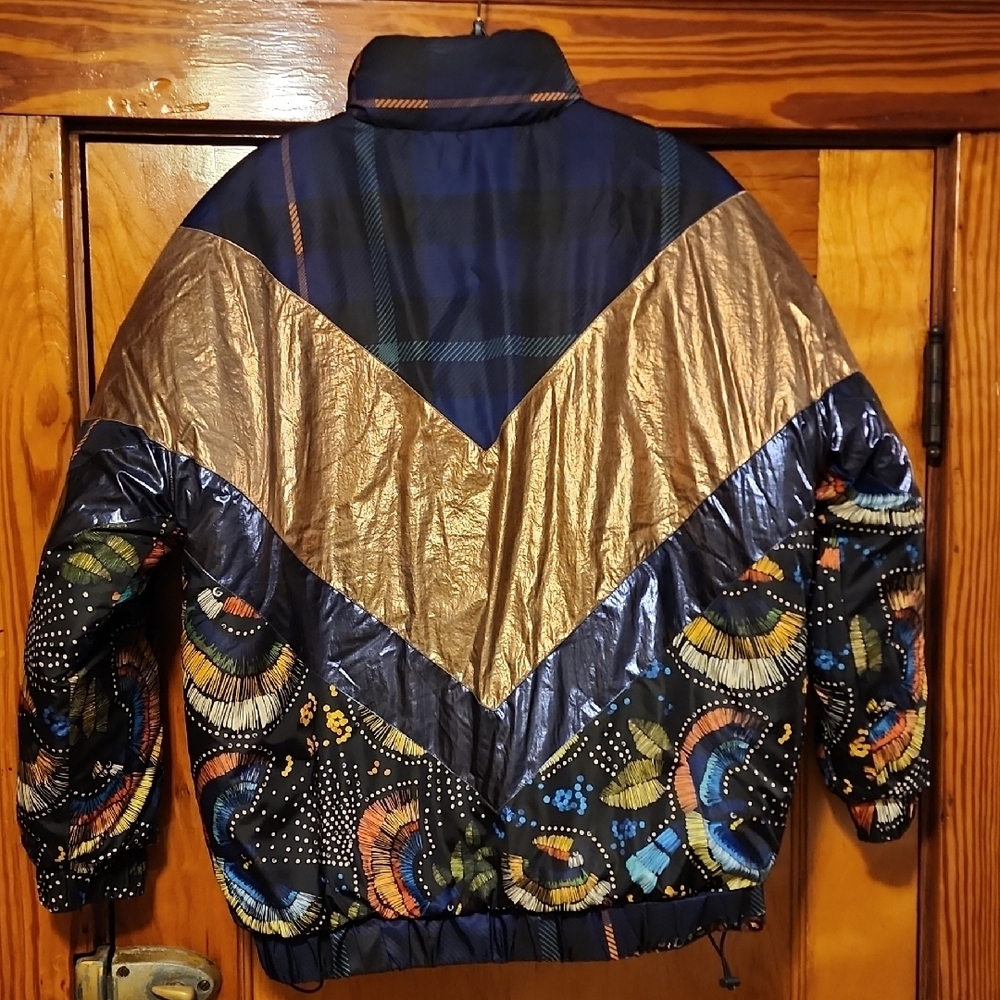FARM Rio Borogodo Metallic Gold & Navy Patterned Reversible Puffer Jacket Small - Picture 8 of 15